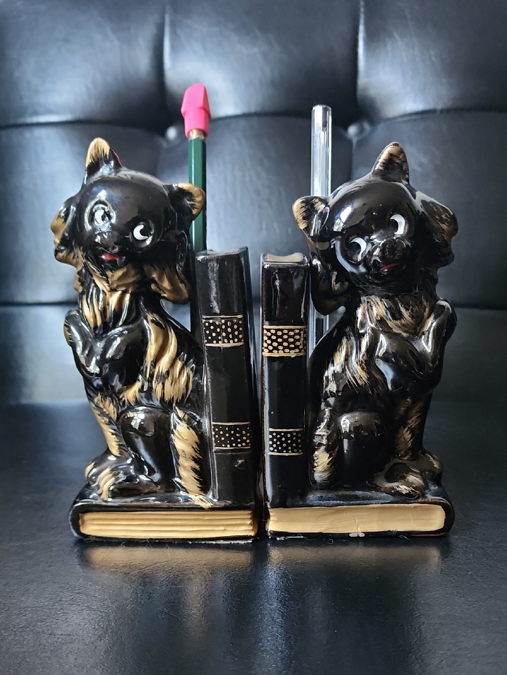 Vintage MCM Black Cat Ceramic Bookends Pen Holder Set Japan Redware Gold Accent